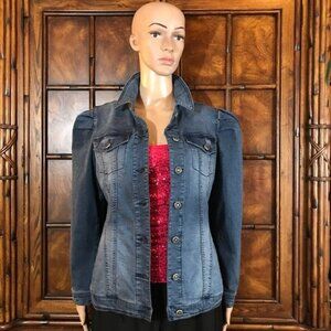 DG2 Pleated Puff Sleeve Cotton Blend Stretch Denim Jacket